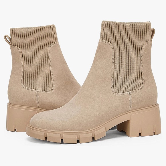 Shoes - Chelsea Chunky Block Heel Suede Combat Ankle Boots With Lug Sole in Nude